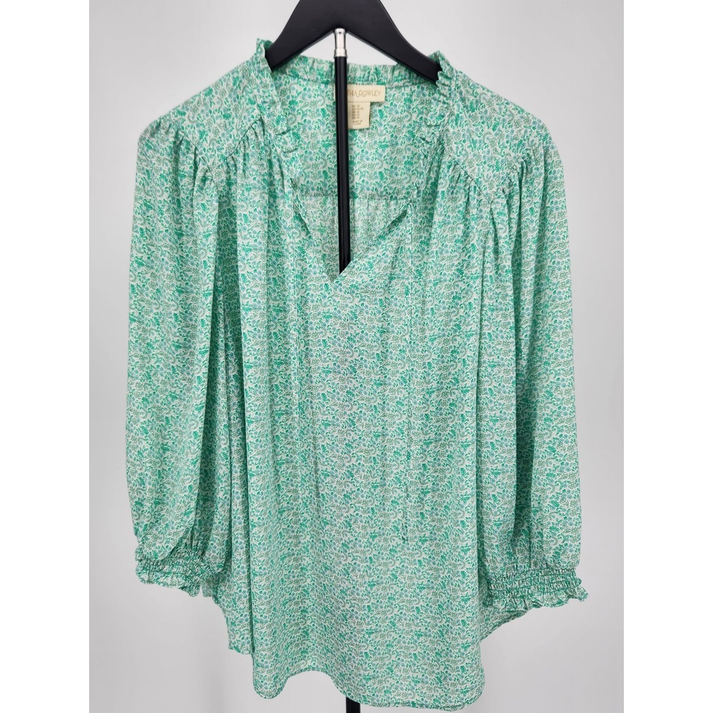 Cynthia Rowley Green Floral Peasant Blouse Ruffle Neck Smocked Cuff Top 1X